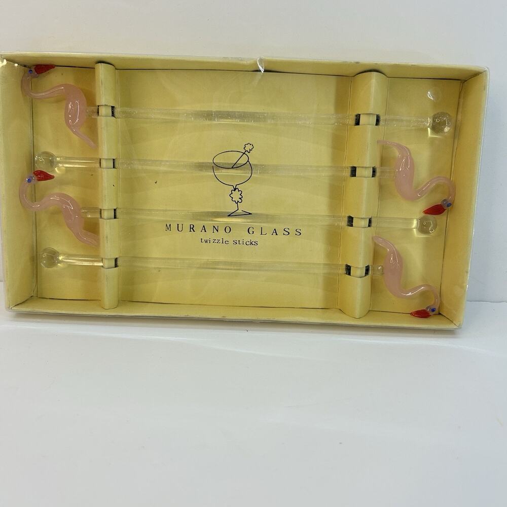 Set Of 4 MURANO Flamingo Hand Blown Glass Swizzle Sticks Drink Stirrers NEW